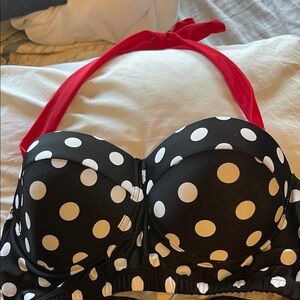 Amazon Essentials Women's Black and White Polka Dot Bikini Top with Red Straps